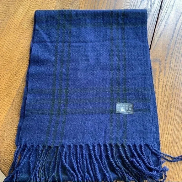 ACRYLIC Dark Blue Plaid Scarf With Fringe - Picture 1 of 4
